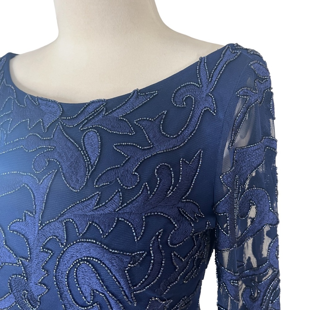 Aidan MATTOX ($475) Beaded Sheer Mesh Sleeve Navy Blue Cocktail Dress 4 - Picture 6 of 14